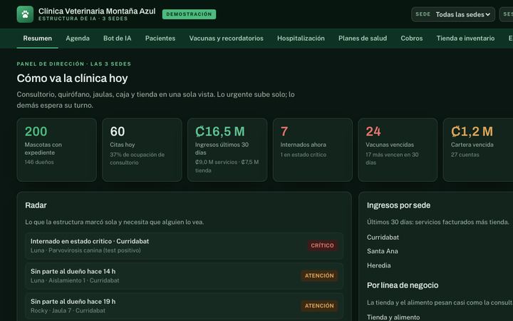 Panel de la demostración de Clínica Veterinaria Montaña Azul